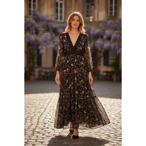 TAYLOR Floral Maxi Dress‎ Black Lace chiffon Tiered Boho dress whimsigoth sz 2